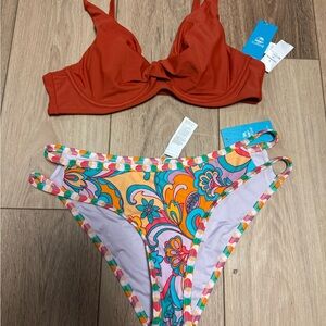 Cupshe NWT M BURNT ORANGE PRINT BRA TOP FLORAL BOTTOM 2-piece bikini